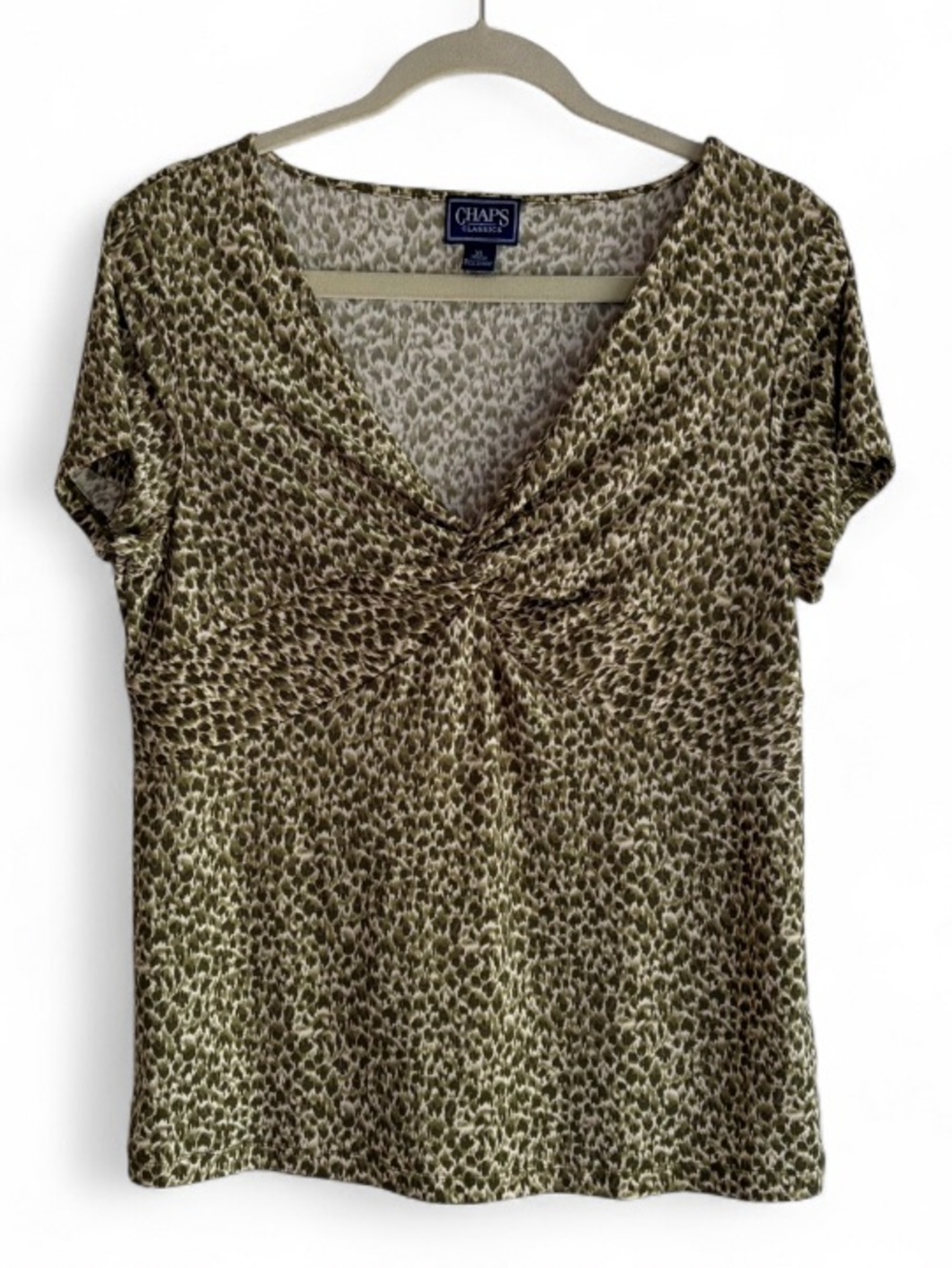 Chaps Olive Green Animal Print Twist Front Short Sleeve Knit Shirt Size XL